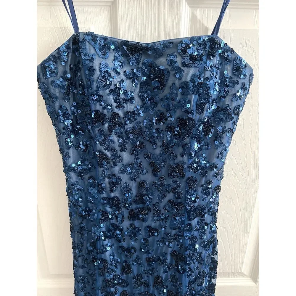 CACHE Vintage Y2K Blue Sequin Mesh Strapless Maxi Long Gown Dress - Picture 2 of 14